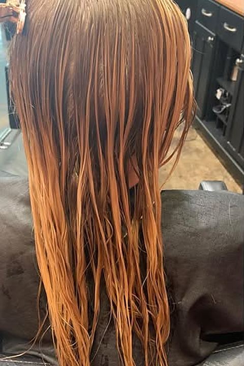 Before: brassy orange hair, seen from the back